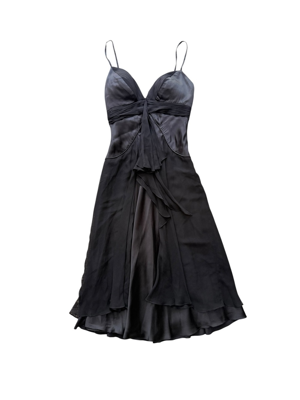 Vintage Cachè LUXE Black 100% Silk Ruffle Draped Midi Dress Size 4 Cocktail